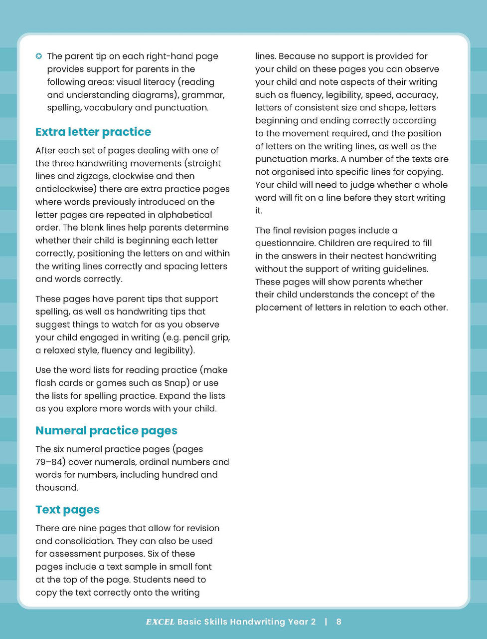 Sample inside activity page from the Excel Basic Skills Handwriting Year 2 workbook showing printed exercises for children to complete