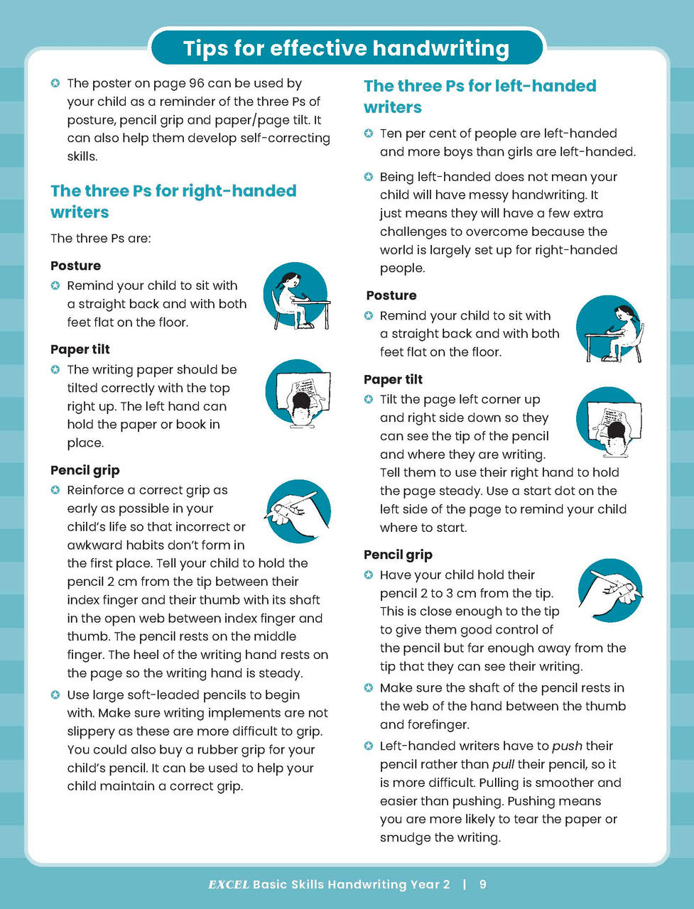 Sample inside activity page from the Excel Basic Skills Handwriting Year 2 workbook showing printed exercises for children to complete