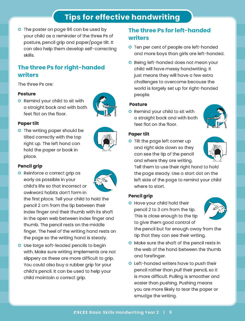 Sample inside activity page from the Excel Basic Skills Handwriting Year 2 workbook showing printed exercises for children to complete