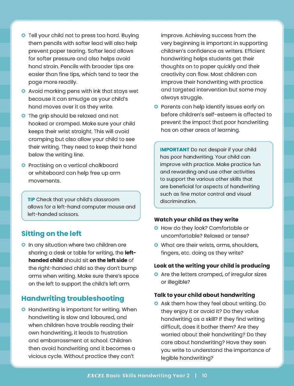 Sample inside activity page from the Excel Basic Skills Handwriting Year 2 workbook showing printed exercises for children to complete