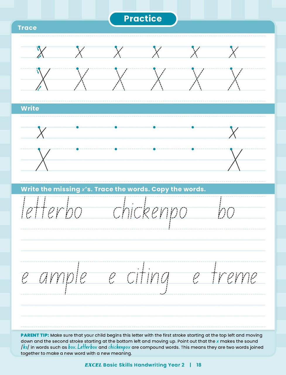 Sample inside activity page from the Excel Basic Skills Handwriting Year 2 workbook showing printed exercises for children to complete