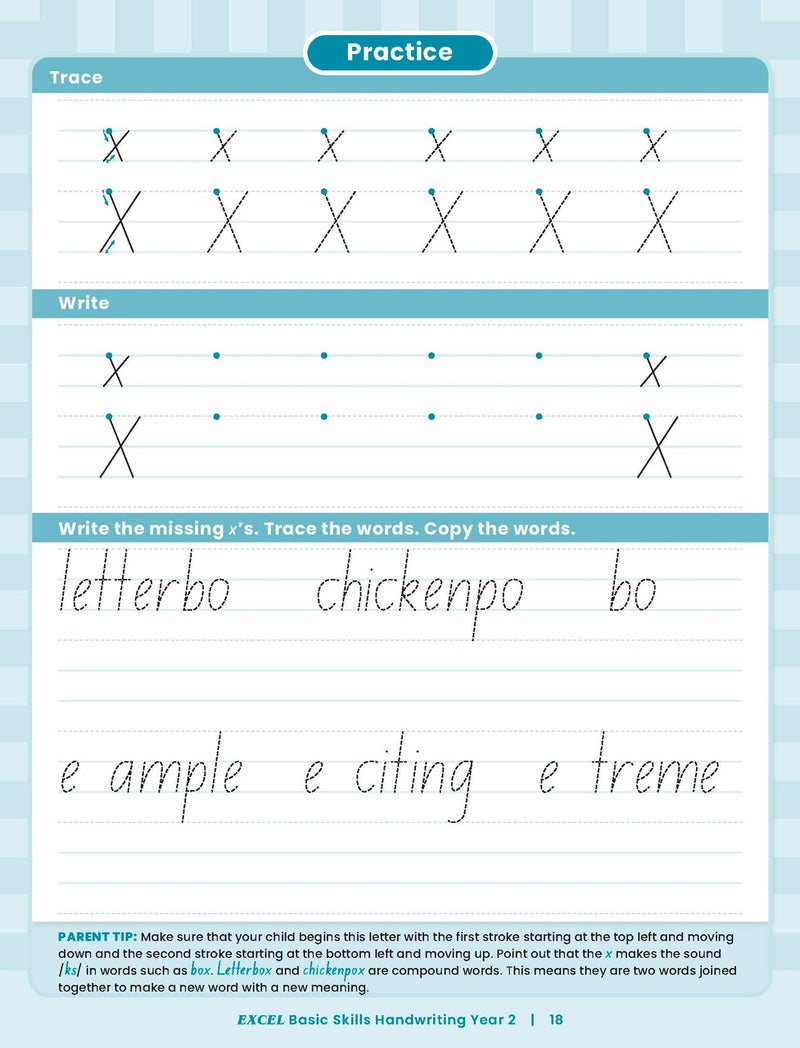 Sample inside activity page from the Excel Basic Skills Handwriting Year 2 workbook showing printed exercises for children to complete