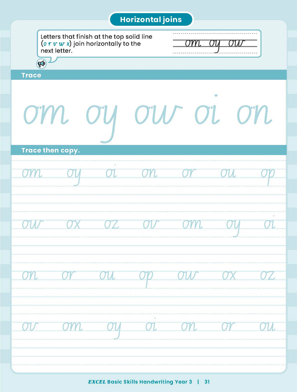 Sample inside activity page from the Excel Basic Skills Handwriting Year 3 workbook showing printed exercises for children to complete