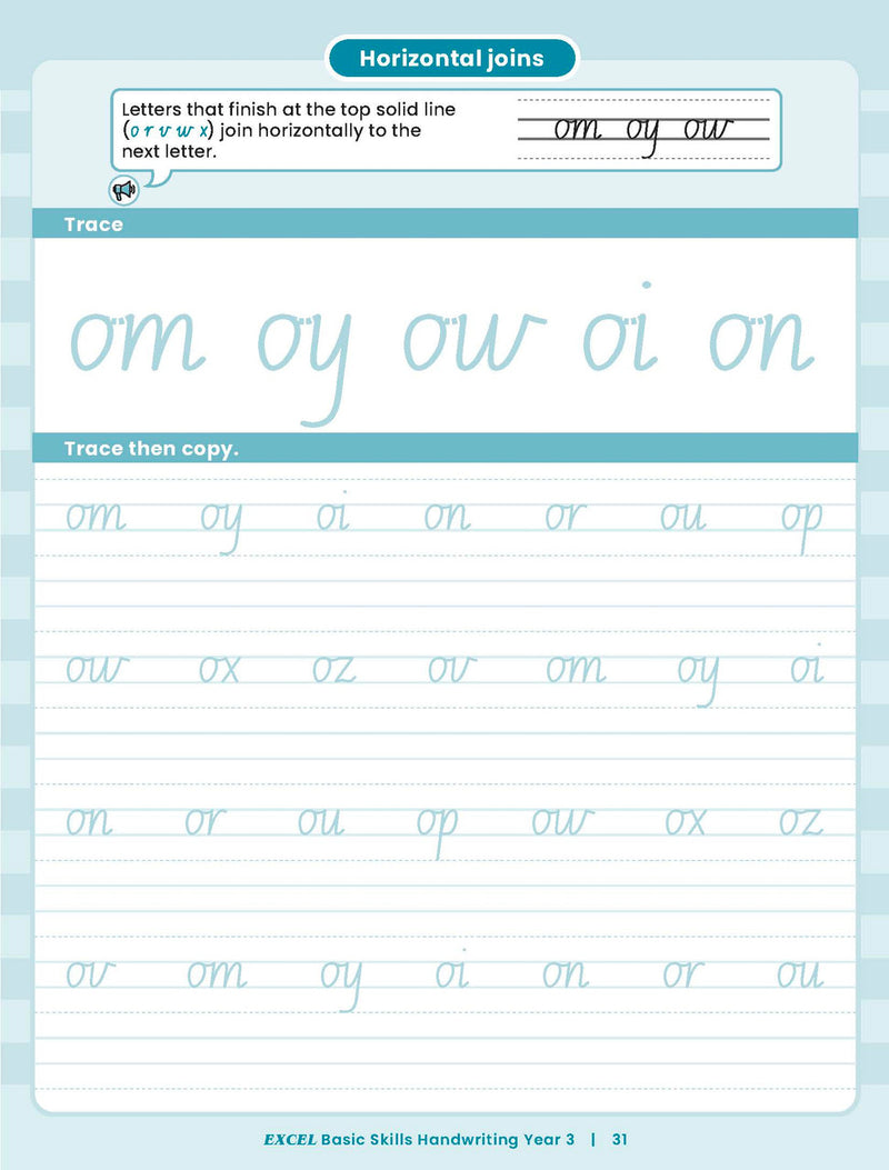 Sample inside activity page from the Excel Basic Skills Handwriting Year 3 workbook showing printed exercises for children to complete