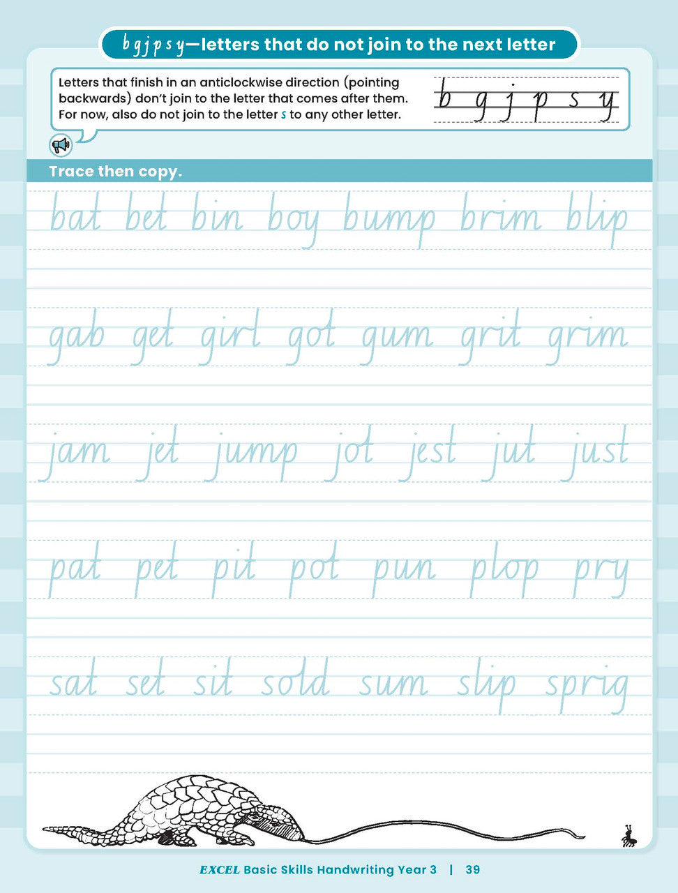 Sample inside activity page from the Excel Basic Skills Handwriting Year 3 workbook showing printed exercises for children to complete
