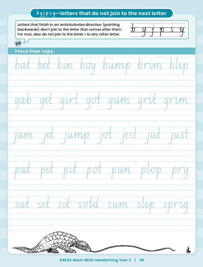 Sample inside activity page from the Excel Basic Skills Handwriting Year 3 workbook showing printed exercises for children to complete