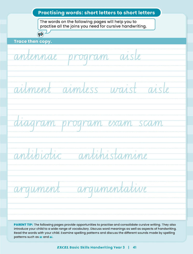 Sample inside activity page from the Excel Basic Skills Handwriting Year 3 workbook showing printed exercises for children to complete