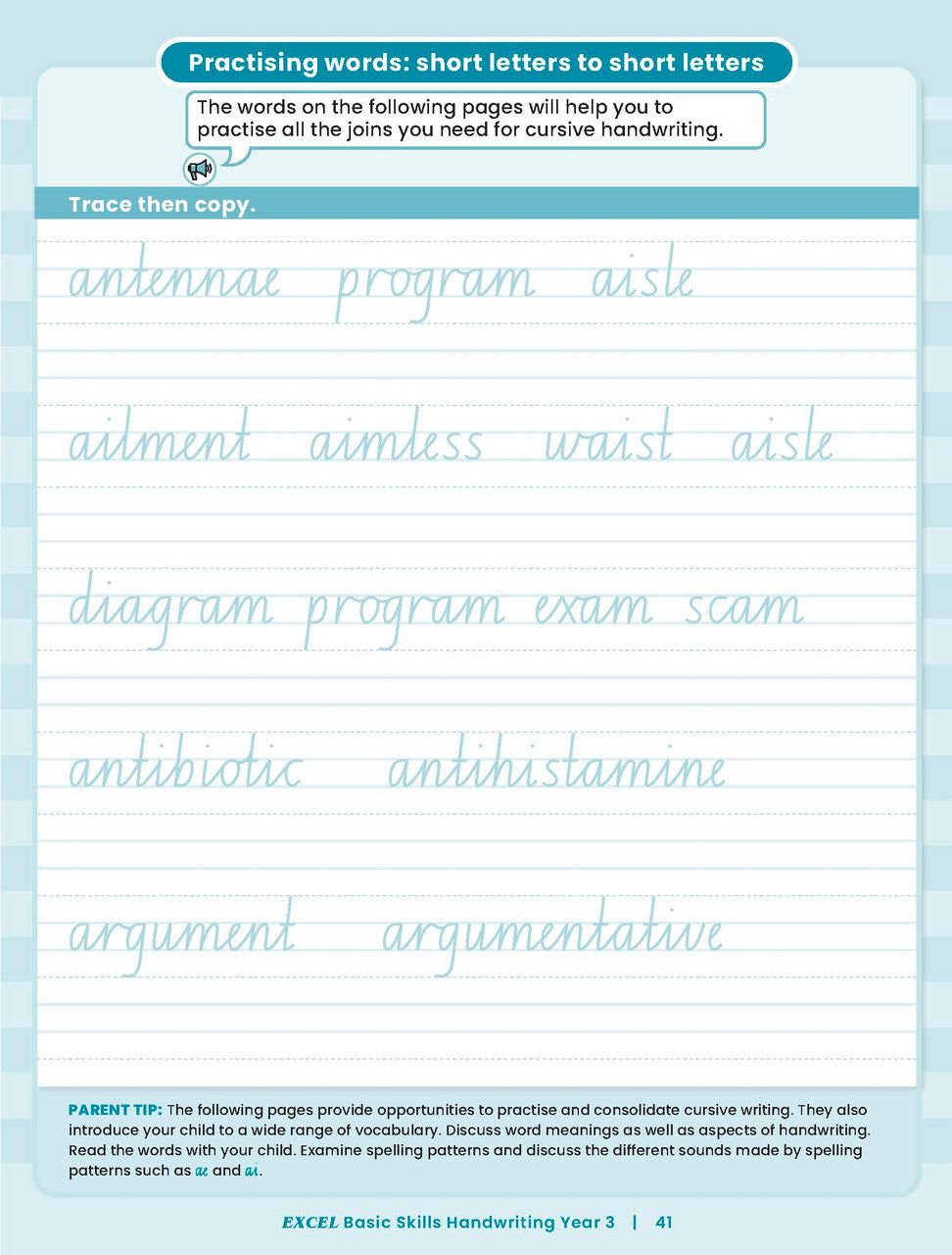 Sample inside activity page from the Excel Basic Skills Handwriting Year 3 workbook showing printed exercises for children to complete