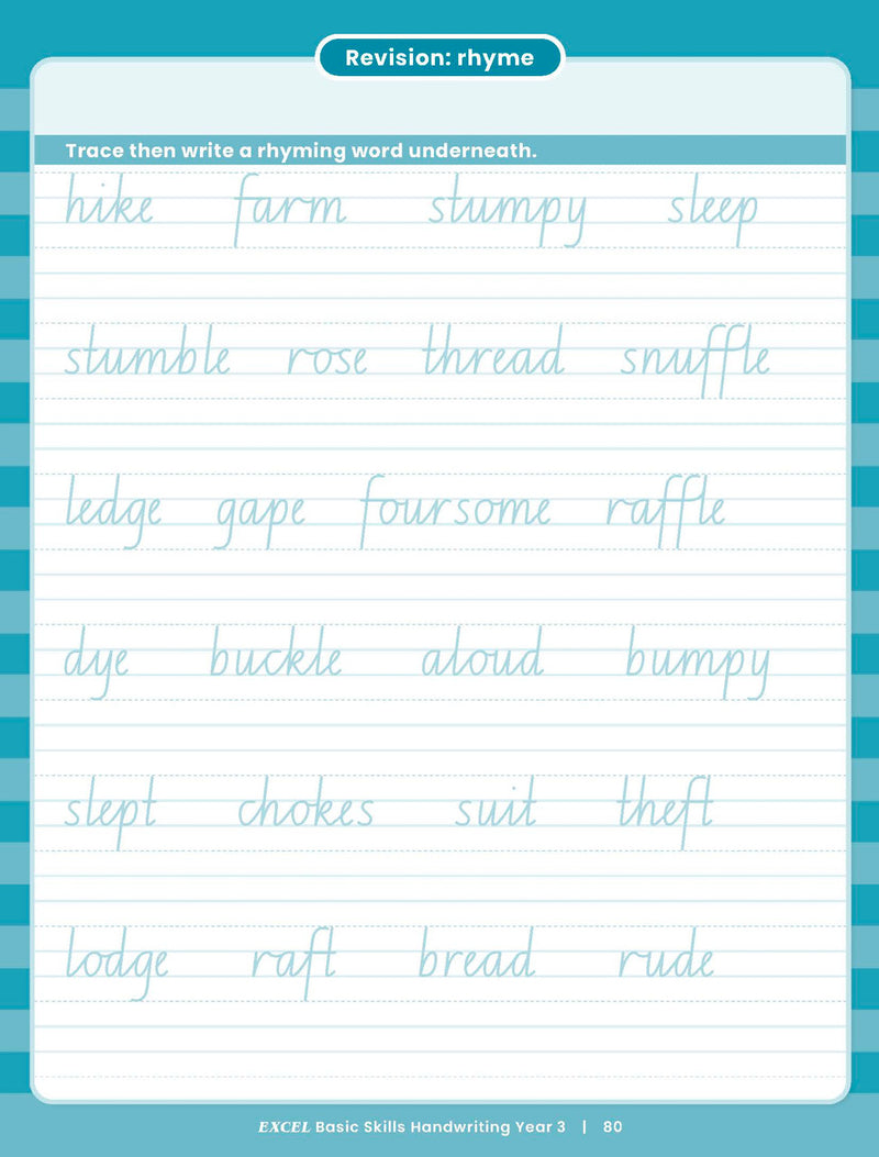 Sample inside activity page from the Excel Basic Skills Handwriting Year 3 workbook showing printed exercises for children to complete