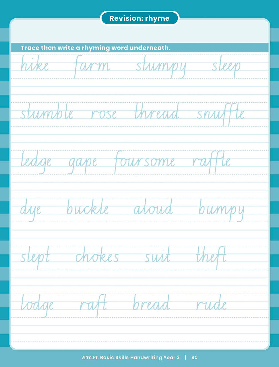 Sample inside activity page from the Excel Basic Skills Handwriting Year 3 workbook showing printed exercises for children to complete