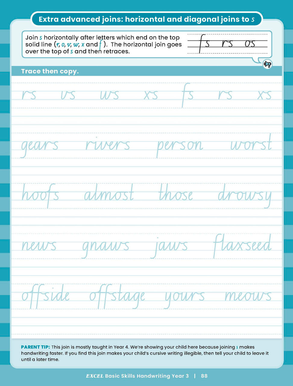 Sample inside activity page from the Excel Basic Skills Handwriting Year 3 workbook showing printed exercises for children to complete
