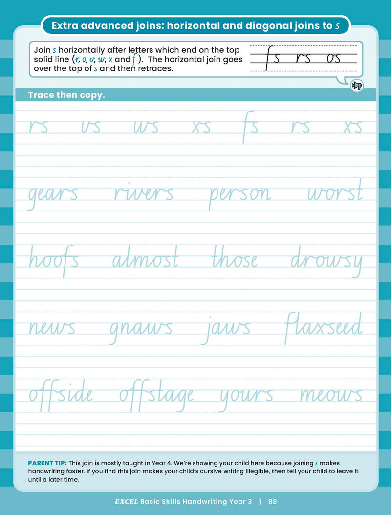 Sample inside activity page from the Excel Basic Skills Handwriting Year 3 workbook showing printed exercises for children to complete
