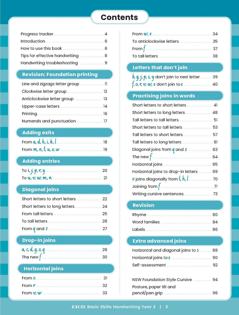 Sample inside activity page from the Excel Basic Skills Handwriting Year 3 workbook showing printed exercises for children to complete