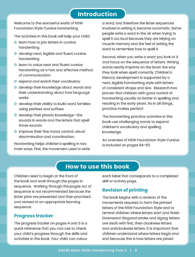 Sample inside activity page from the Excel Basic Skills Handwriting Year 3 workbook showing printed exercises for children to complete