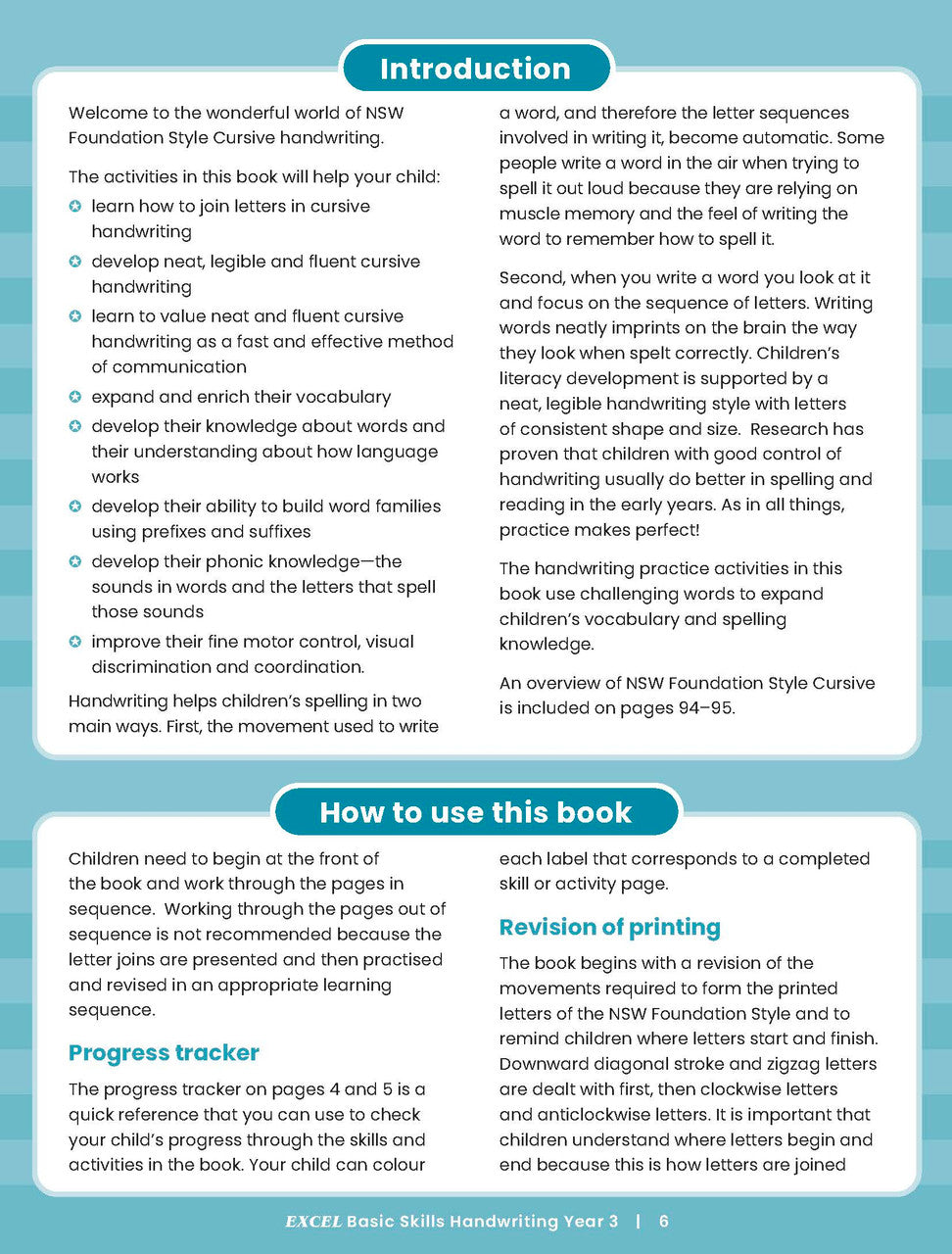 Sample inside activity page from the Excel Basic Skills Handwriting Year 3 workbook showing printed exercises for children to complete