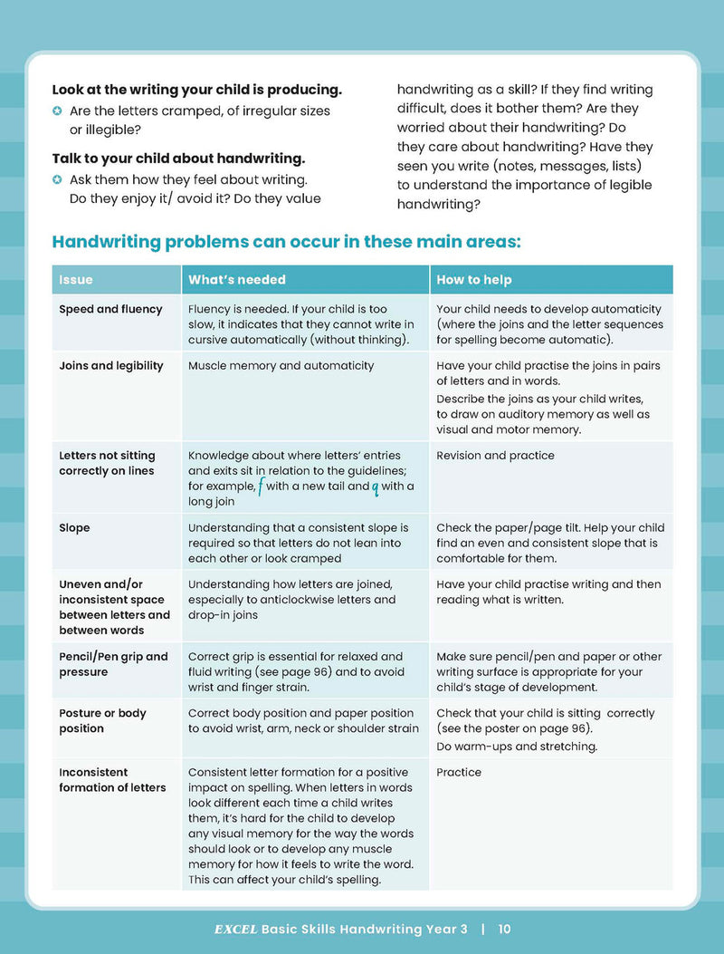 Sample inside activity page from the Excel Basic Skills Handwriting Year 3 workbook showing printed exercises for children to complete