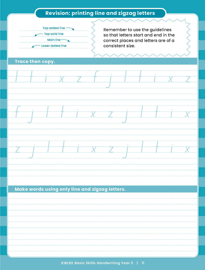Sample inside activity page from the Excel Basic Skills Handwriting Year 3 workbook showing printed exercises for children to complete