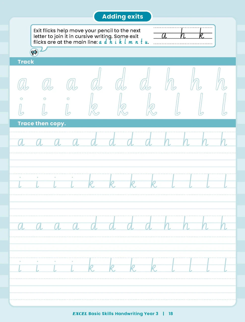 Sample inside activity page from the Excel Basic Skills Handwriting Year 3 workbook showing printed exercises for children to complete