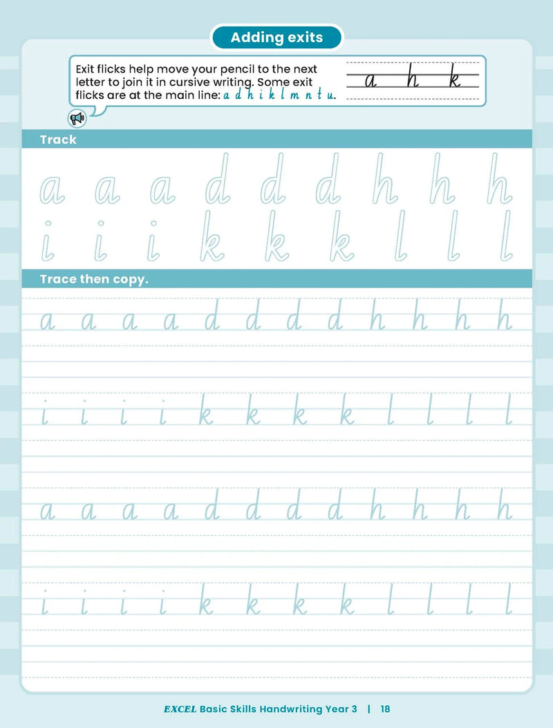 Sample inside activity page from the Excel Basic Skills Handwriting Year 3 workbook showing printed exercises for children to complete