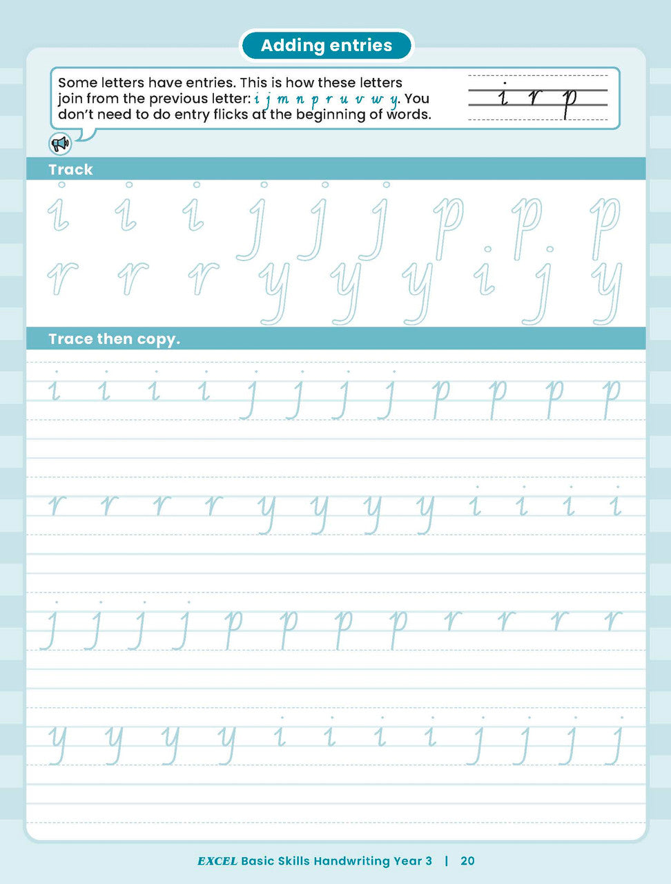 Sample inside activity page from the Excel Basic Skills Handwriting Year 3 workbook showing printed exercises for children to complete