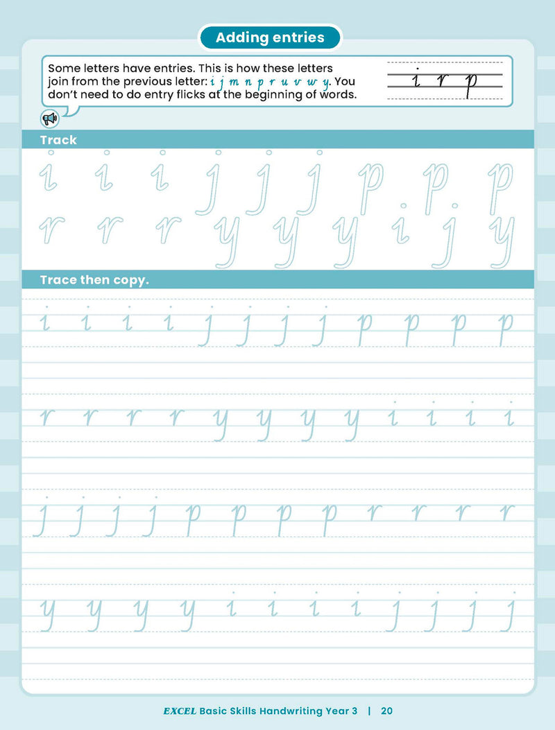 Sample inside activity page from the Excel Basic Skills Handwriting Year 3 workbook showing printed exercises for children to complete