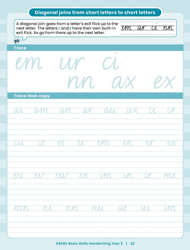 Sample inside activity page from the Excel Basic Skills Handwriting Year 3 workbook showing printed exercises for children to complete