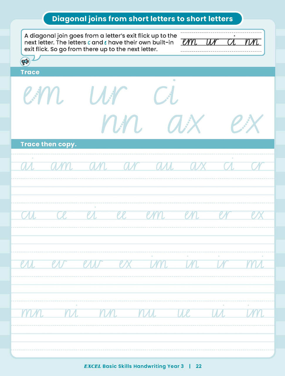 Sample inside activity page from the Excel Basic Skills Handwriting Year 3 workbook showing printed exercises for children to complete