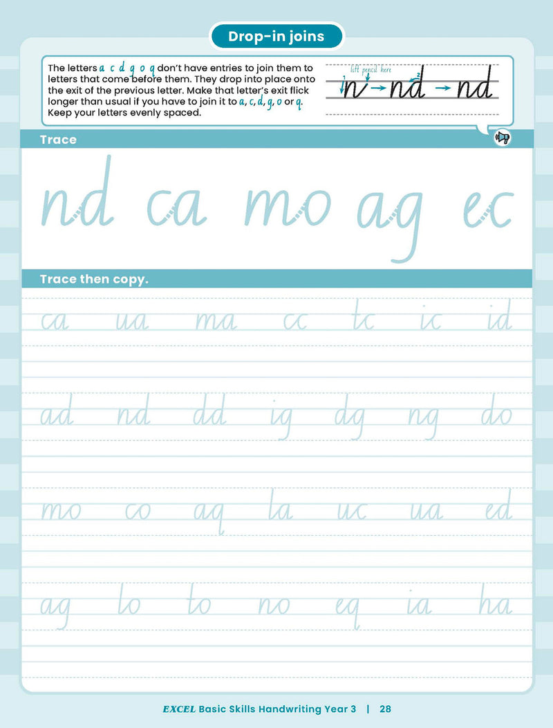 Sample inside activity page from the Excel Basic Skills Handwriting Year 3 workbook showing printed exercises for children to complete