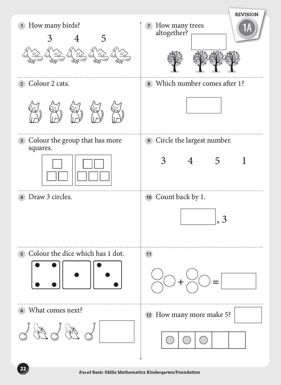 Sample inside page preview from the Excel Basic Skills Mathematics Kindergarten/Foundation workbook as shown in the publisher gallery