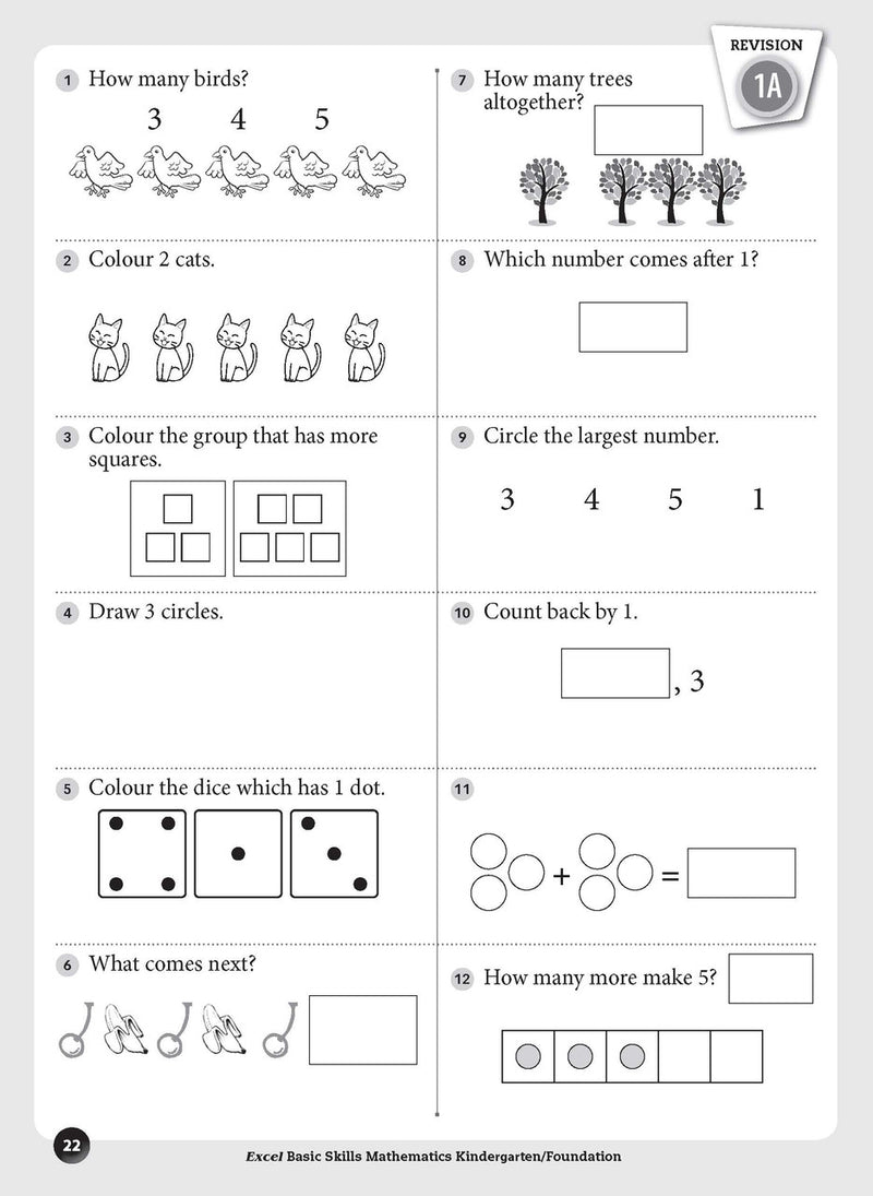 Sample inside page preview from the Excel Basic Skills Mathematics Kindergarten/Foundation workbook as shown in the publisher gallery