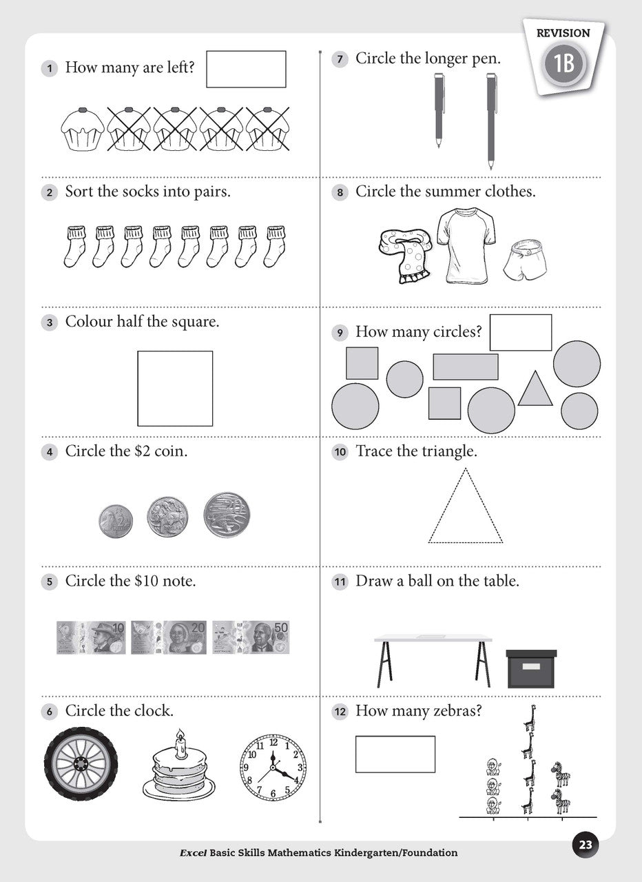 Sample inside page preview from the Excel Basic Skills Mathematics Kindergarten/Foundation workbook as shown in the publisher gallery