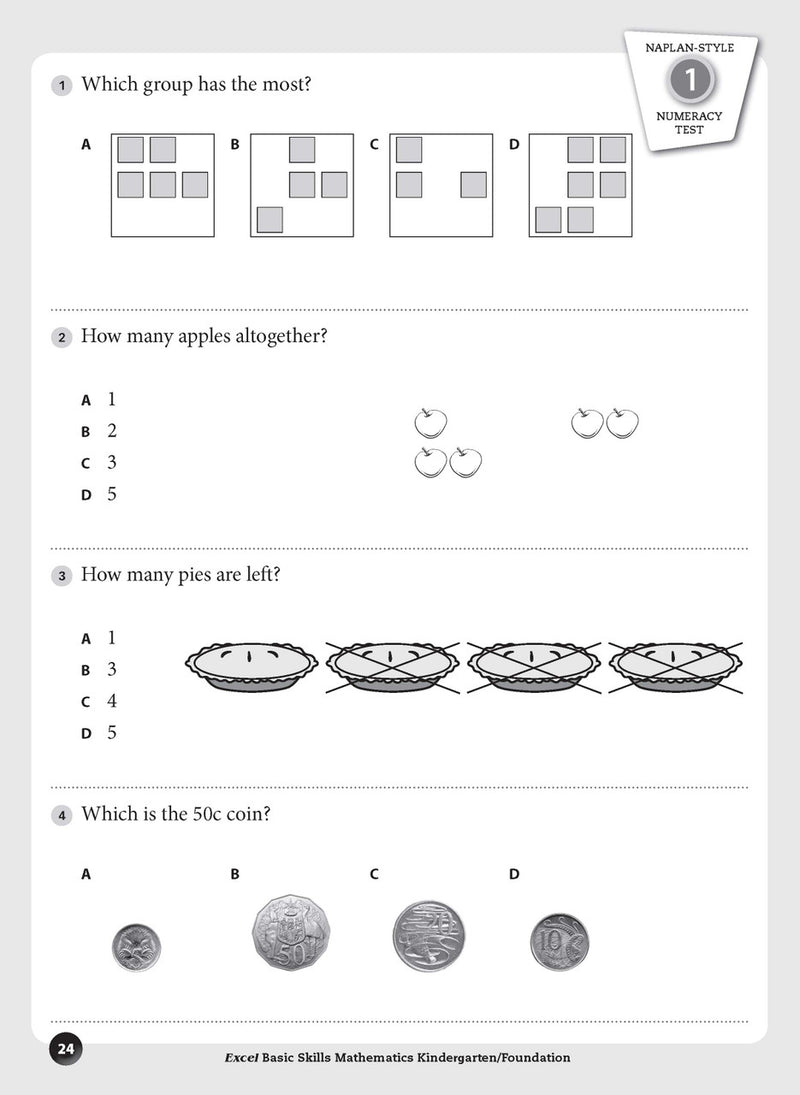 Sample inside page preview from the Excel Basic Skills Mathematics Kindergarten/Foundation workbook as shown in the publisher gallery