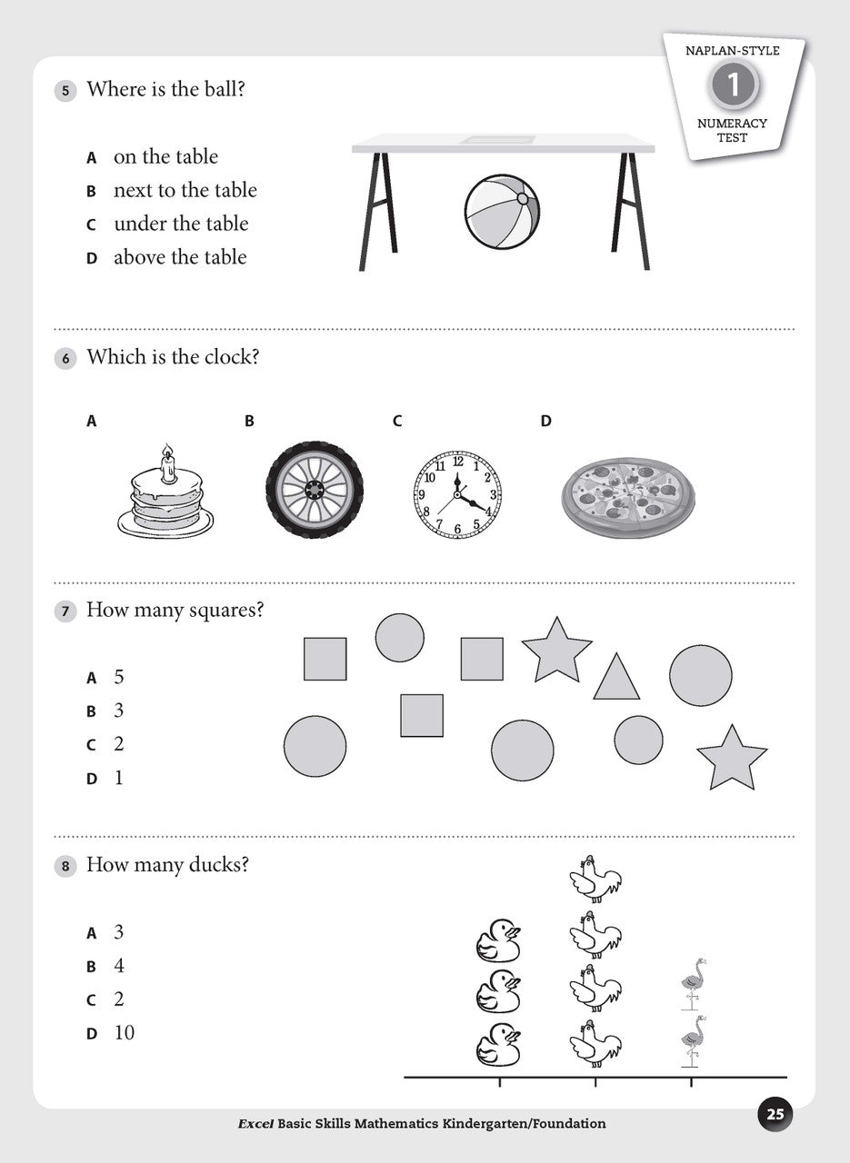 Sample inside page preview from the Excel Basic Skills Mathematics Kindergarten/Foundation workbook as shown in the publisher gallery