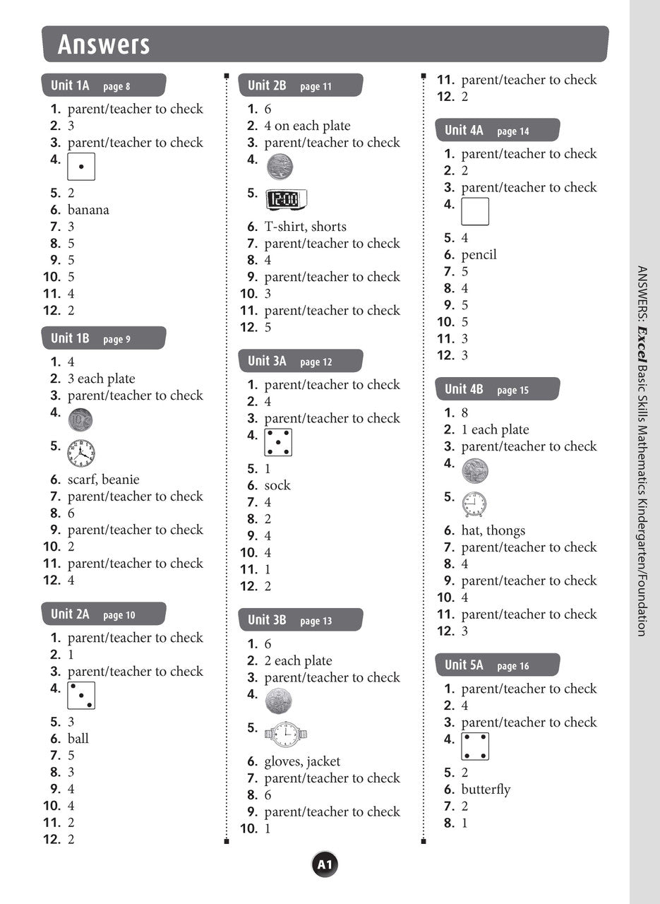 Sample inside page preview from the Excel Basic Skills Mathematics Kindergarten/Foundation workbook as shown in the publisher gallery