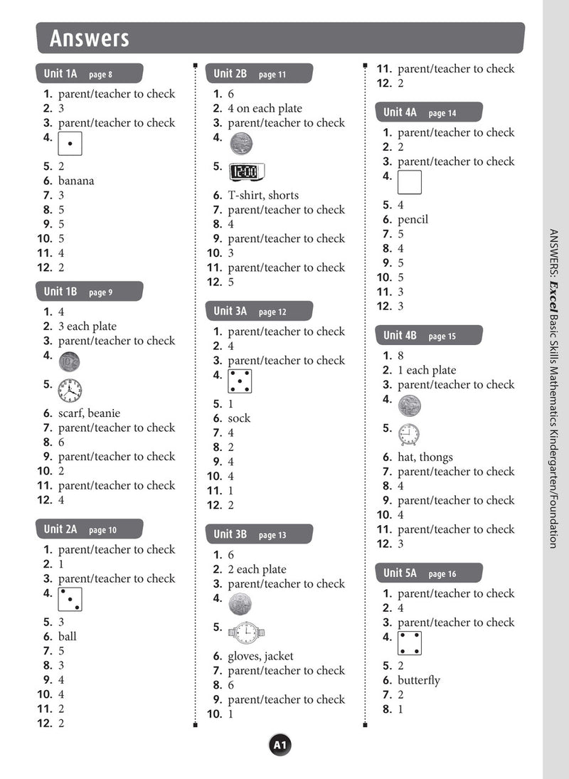 Sample inside page preview from the Excel Basic Skills Mathematics Kindergarten/Foundation workbook as shown in the publisher gallery