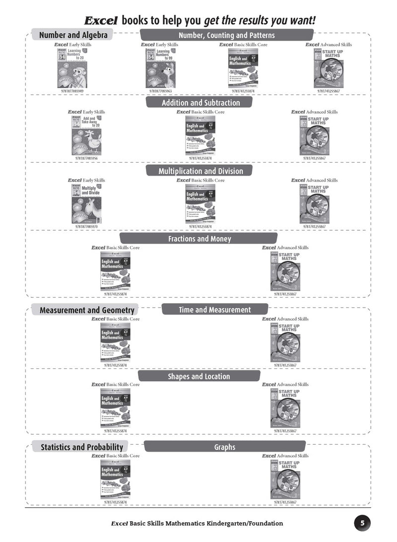 Sample inside page preview from the Excel Basic Skills Mathematics Kindergarten/Foundation workbook as shown in the publisher gallery