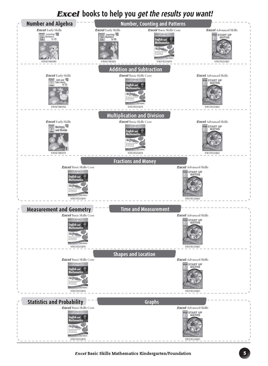 Sample inside page preview from the Excel Basic Skills Mathematics Kindergarten/Foundation workbook as shown in the publisher gallery
