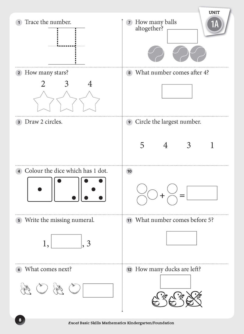 Sample inside page preview from the Excel Basic Skills Mathematics Kindergarten/Foundation workbook as shown in the publisher gallery