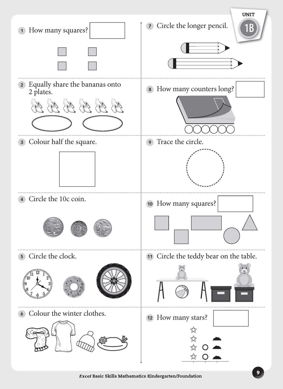 Sample inside page preview from the Excel Basic Skills Mathematics Kindergarten/Foundation workbook as shown in the publisher gallery