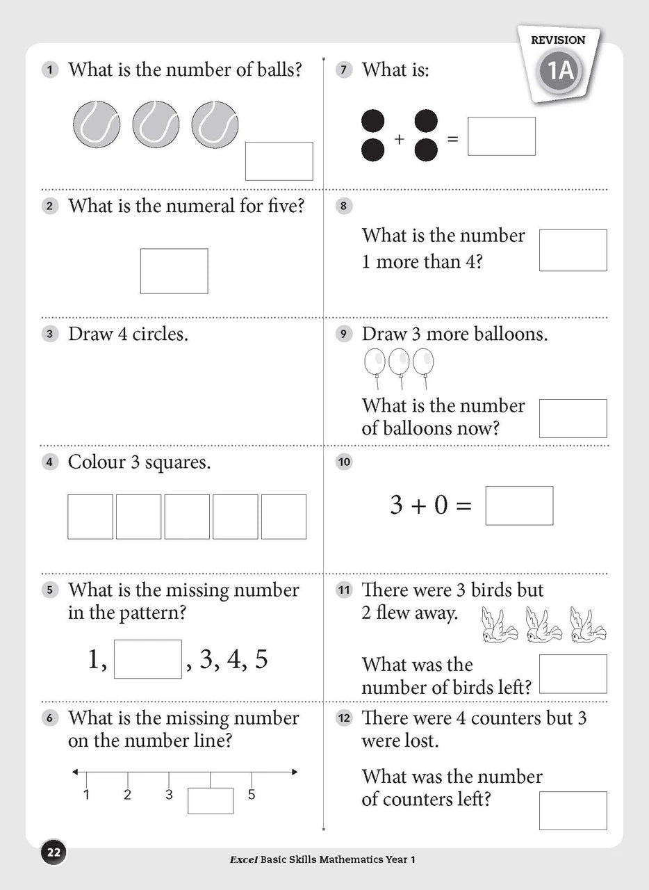Sample inside page preview from the Excel Basic Skills Mathematics Year 1 workbook as shown in the publisher gallery