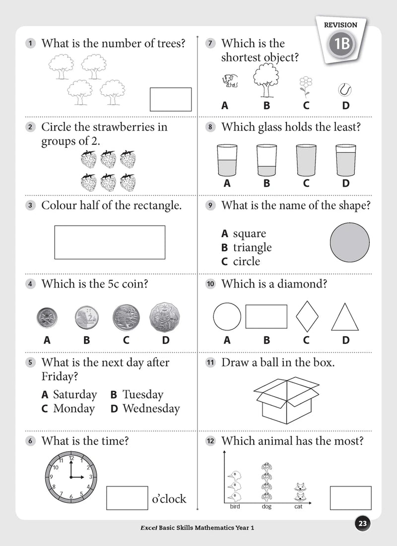 Sample inside page preview from the Excel Basic Skills Mathematics Year 1 workbook as shown in the publisher gallery