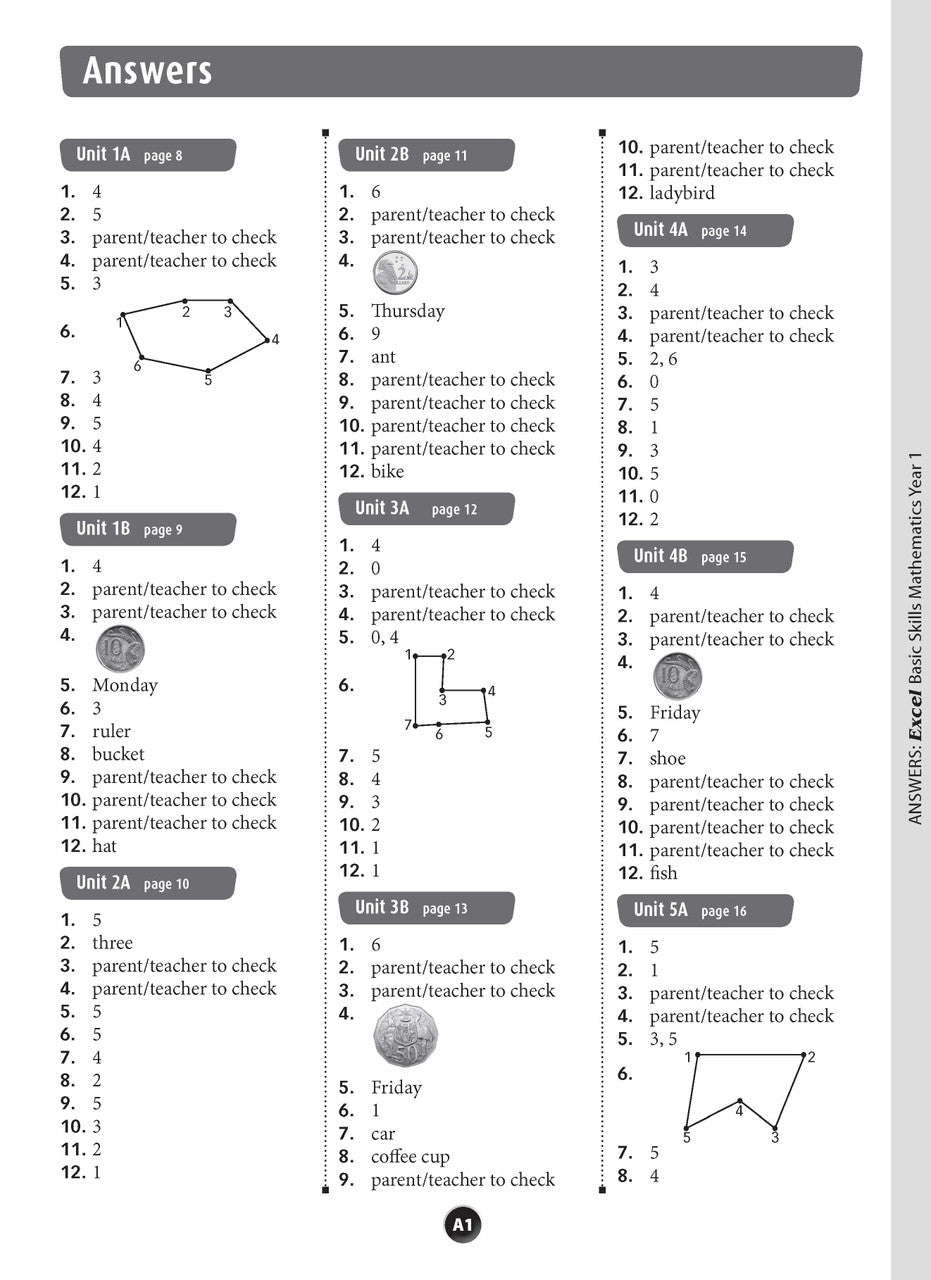 Sample inside page preview from the Excel Basic Skills Mathematics Year 1 workbook as shown in the publisher gallery
