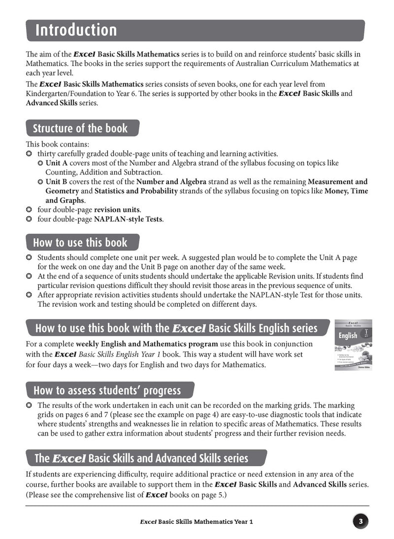 Sample inside page preview from the Excel Basic Skills Mathematics Year 1 workbook as shown in the publisher gallery
