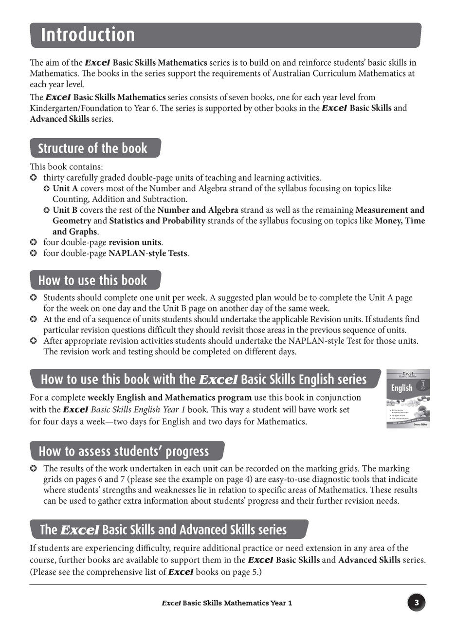 Sample inside page preview from the Excel Basic Skills Mathematics Year 1 workbook as shown in the publisher gallery