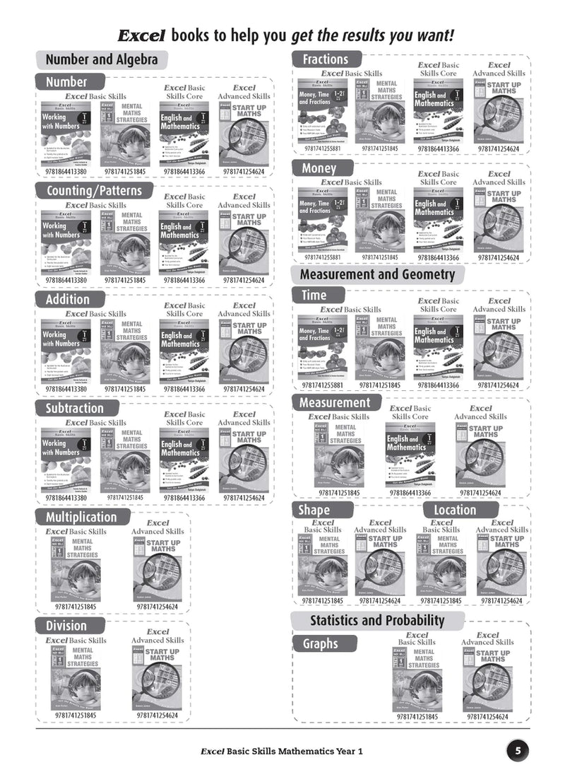 Sample inside page preview from the Excel Basic Skills Mathematics Year 1 workbook as shown in the publisher gallery