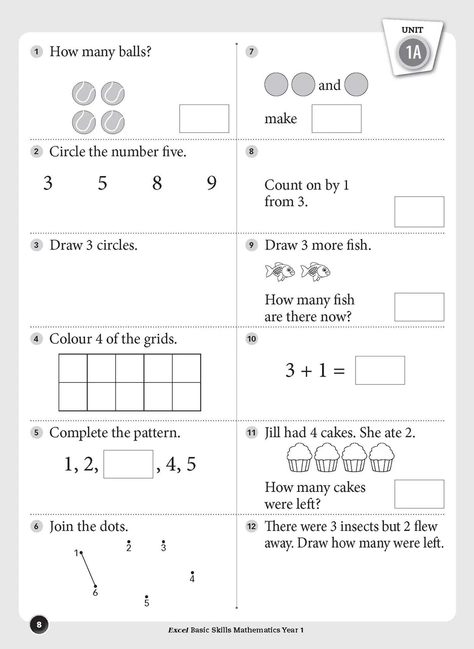 Sample inside page preview from the Excel Basic Skills Mathematics Year 1 workbook as shown in the publisher gallery