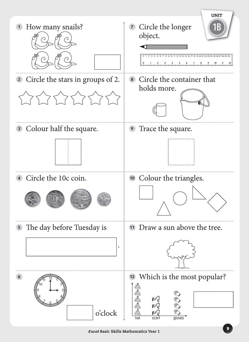 Sample inside page preview from the Excel Basic Skills Mathematics Year 1 workbook as shown in the publisher gallery