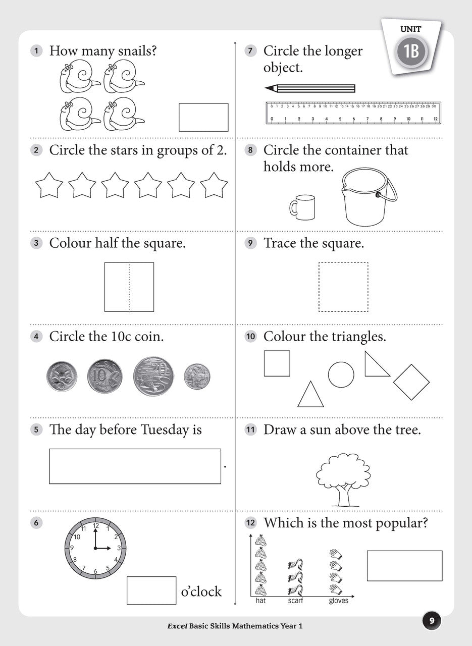Sample inside page preview from the Excel Basic Skills Mathematics Year 1 workbook as shown in the publisher gallery