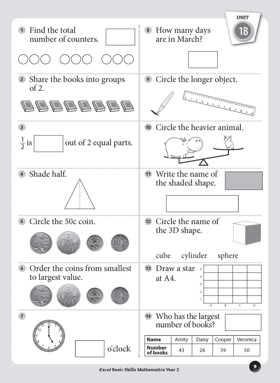 Sample inside page preview from the Excel Basic Skills Mathematics Year 2 workbook as shown in the publisher gallery