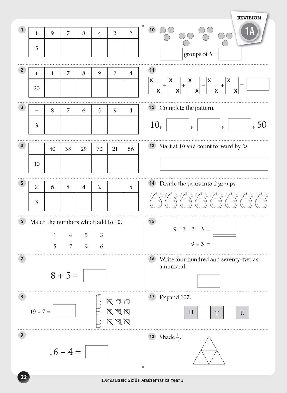 Sample inside page preview from the Excel Basic Skills Mathematics Year 3 workbook as shown in the publisher gallery